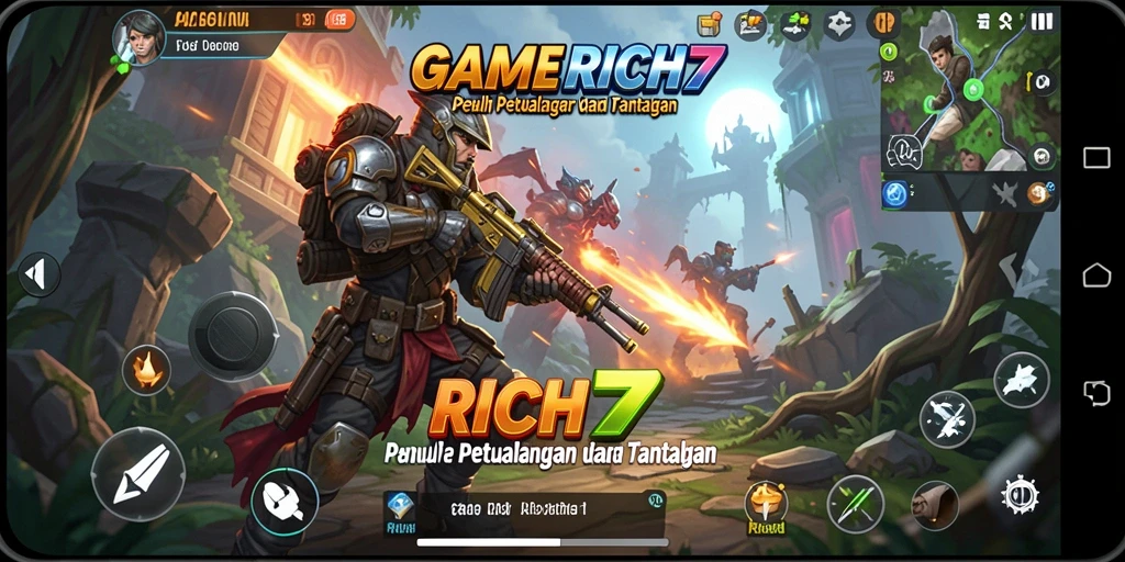 Screenshot utama RICH7 menampilkan aksi seru dan gameplay intens.
