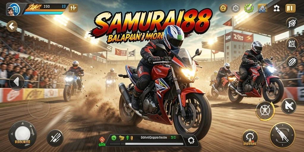 Tampilan gameplay menegangkan dari SAMURAI88 saat balapan motor.